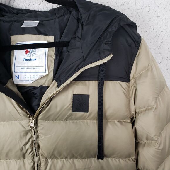 Reebok Down Puffer Jacket Mens M Tan Black Hooded Warm Functional Hiking 44x31 - Picture 4 of 11